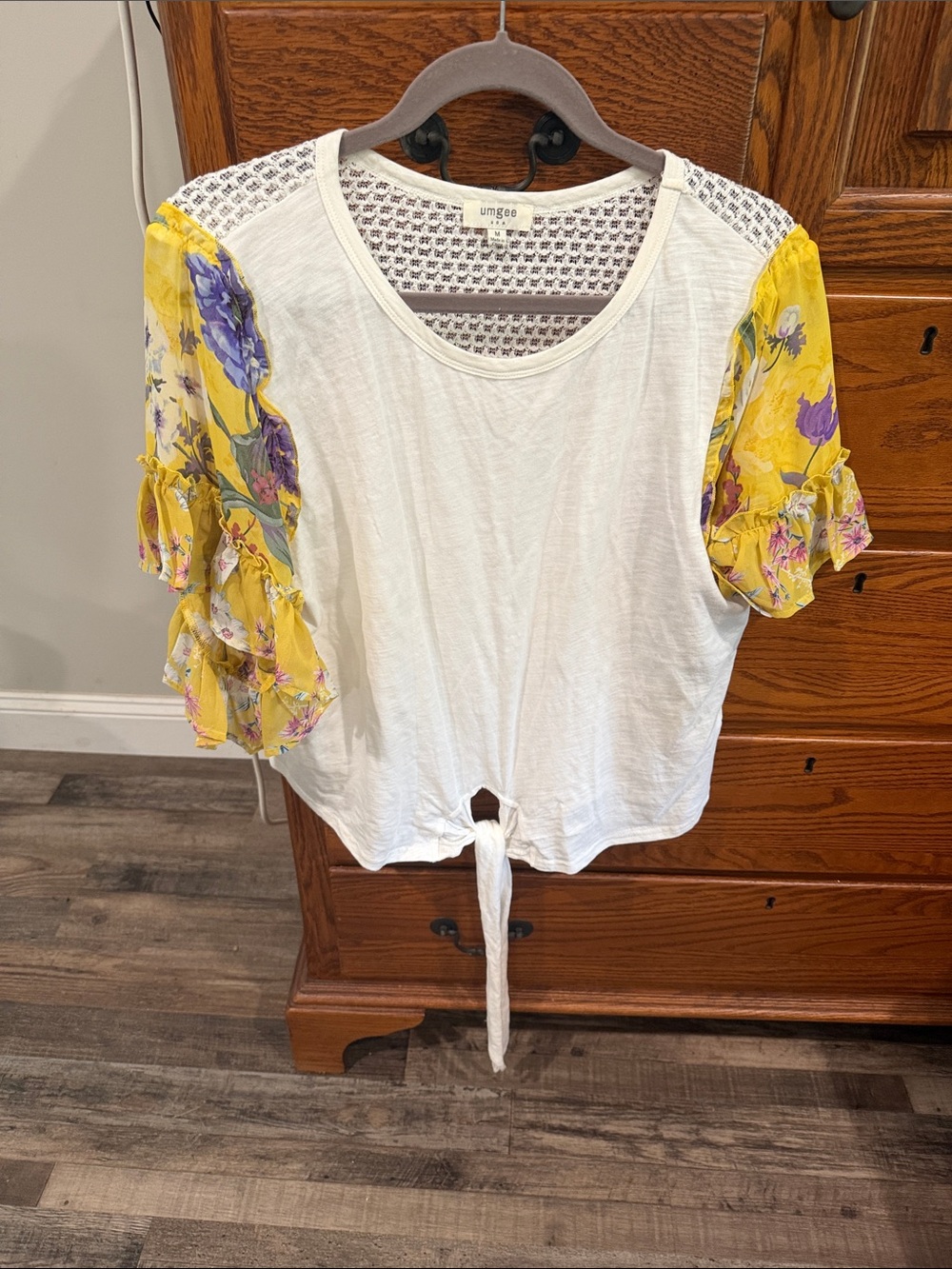 Umgee White Front-Tie Top with Yellow Floral Puff Sleeves